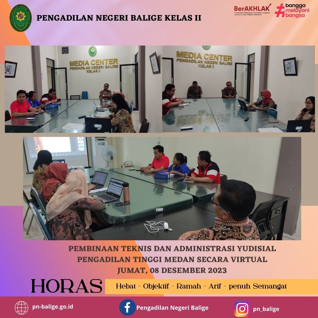 Pembinaan Teknis dan Administrasi Yudisial Pengadilan Tinggi Medan secara virtual PADA JUMAT, 08 DESEMBER 2023